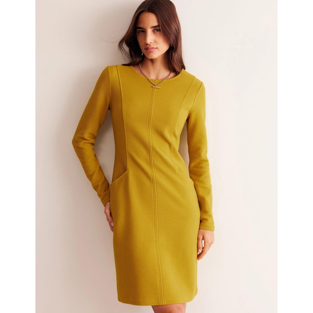 Boden Mustard Yellow Ottoman Rib Shift Dress Long Sleeve Pockets US 12R - Picture 3 of 7
